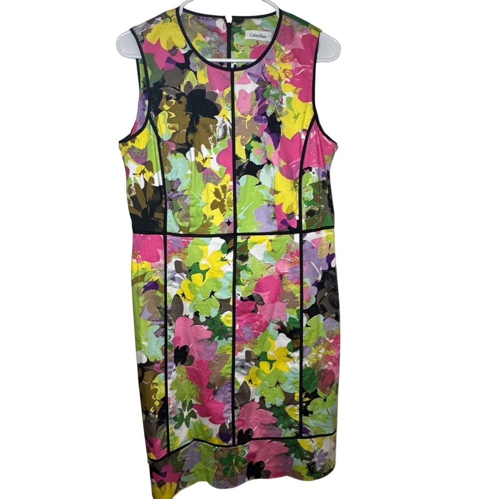 Calvin Klein Floral Print‎ Sheath Dress Size 12 Sleeveless Knee Length Biht